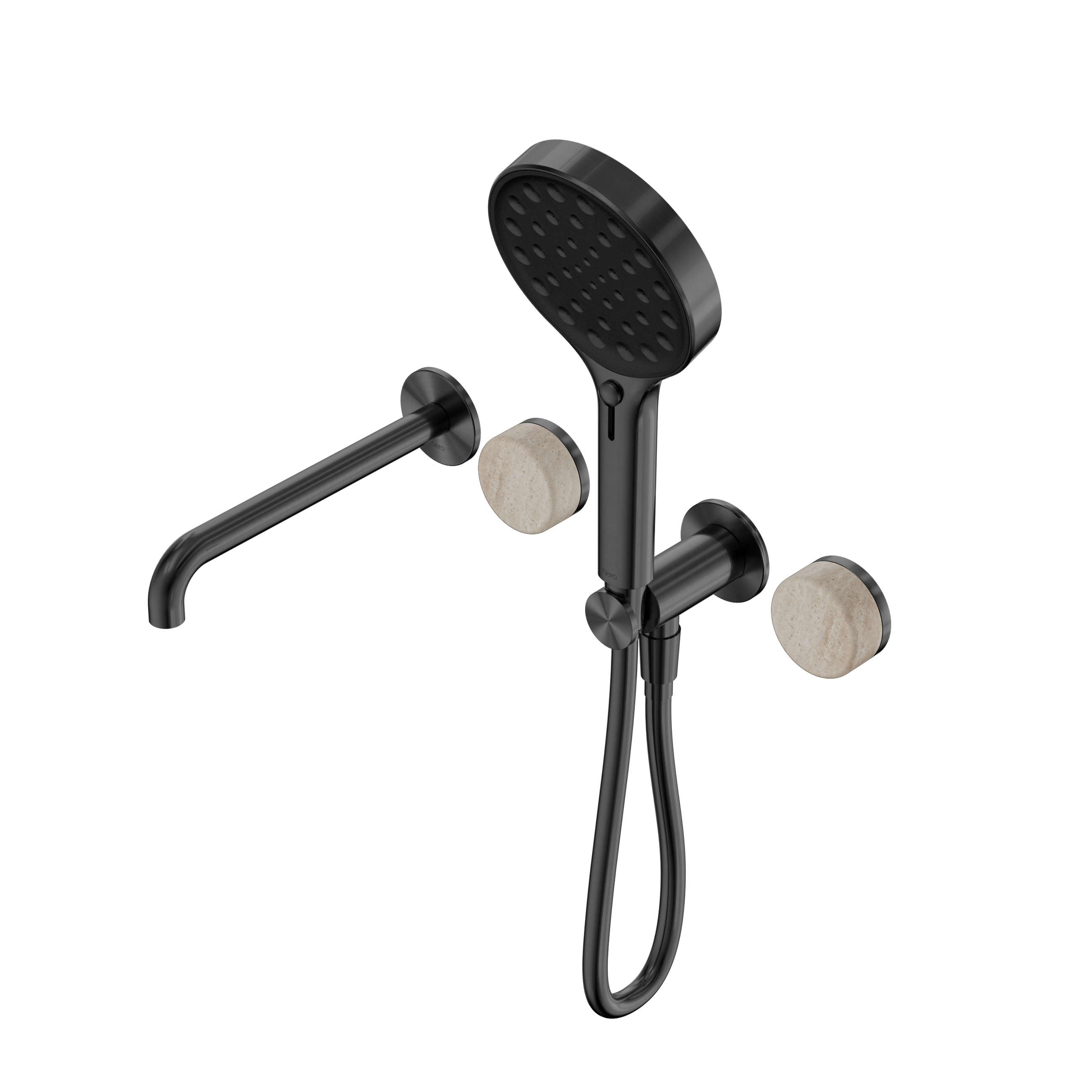 Serenity Progressive Shower System With Spout With Rome Travertine Handle And Serenity Hand Shower Gun Metal