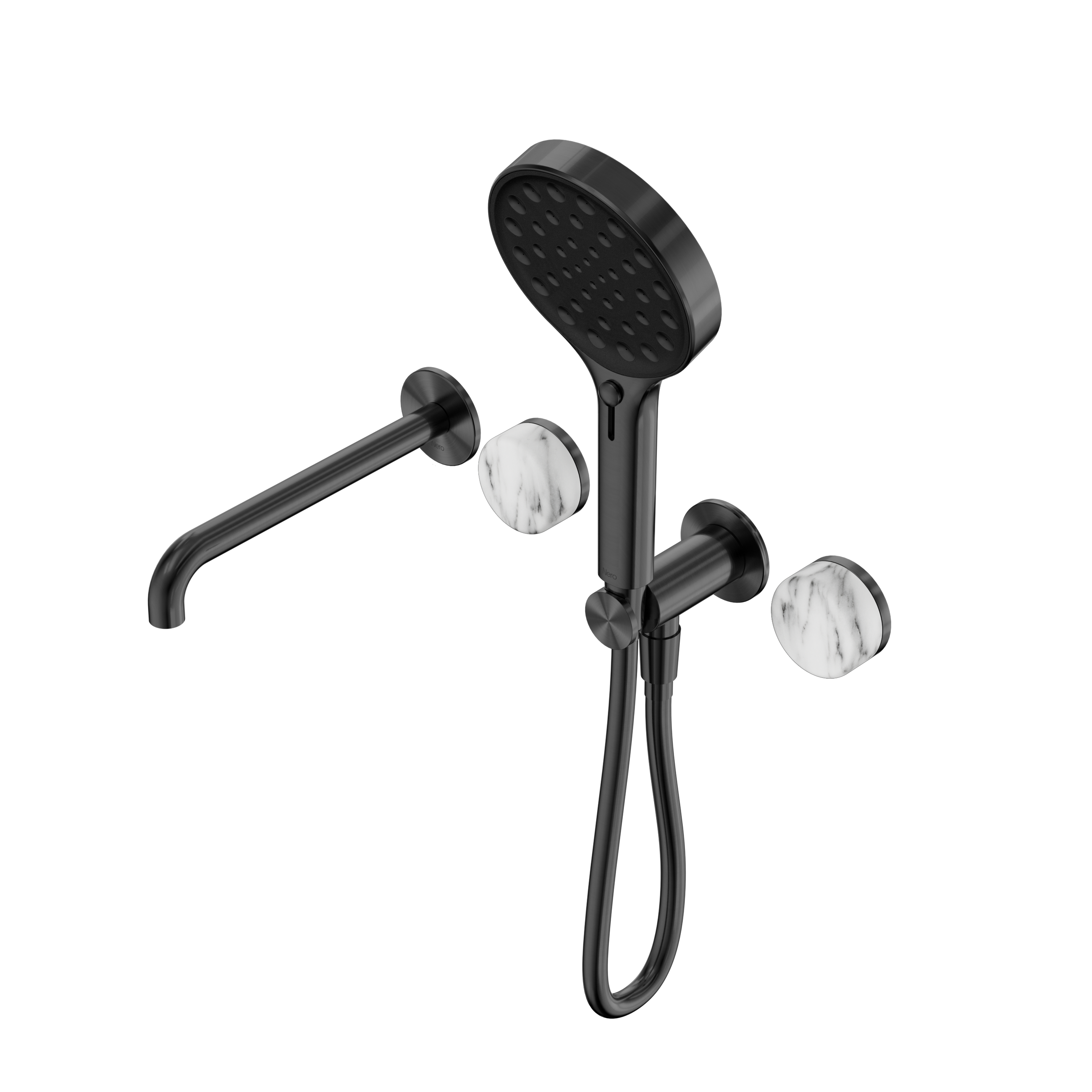Serenity Progressive Shower System With Spout With Arabescato Corchia Handle And Serenity Hand Shower Gun Metal
