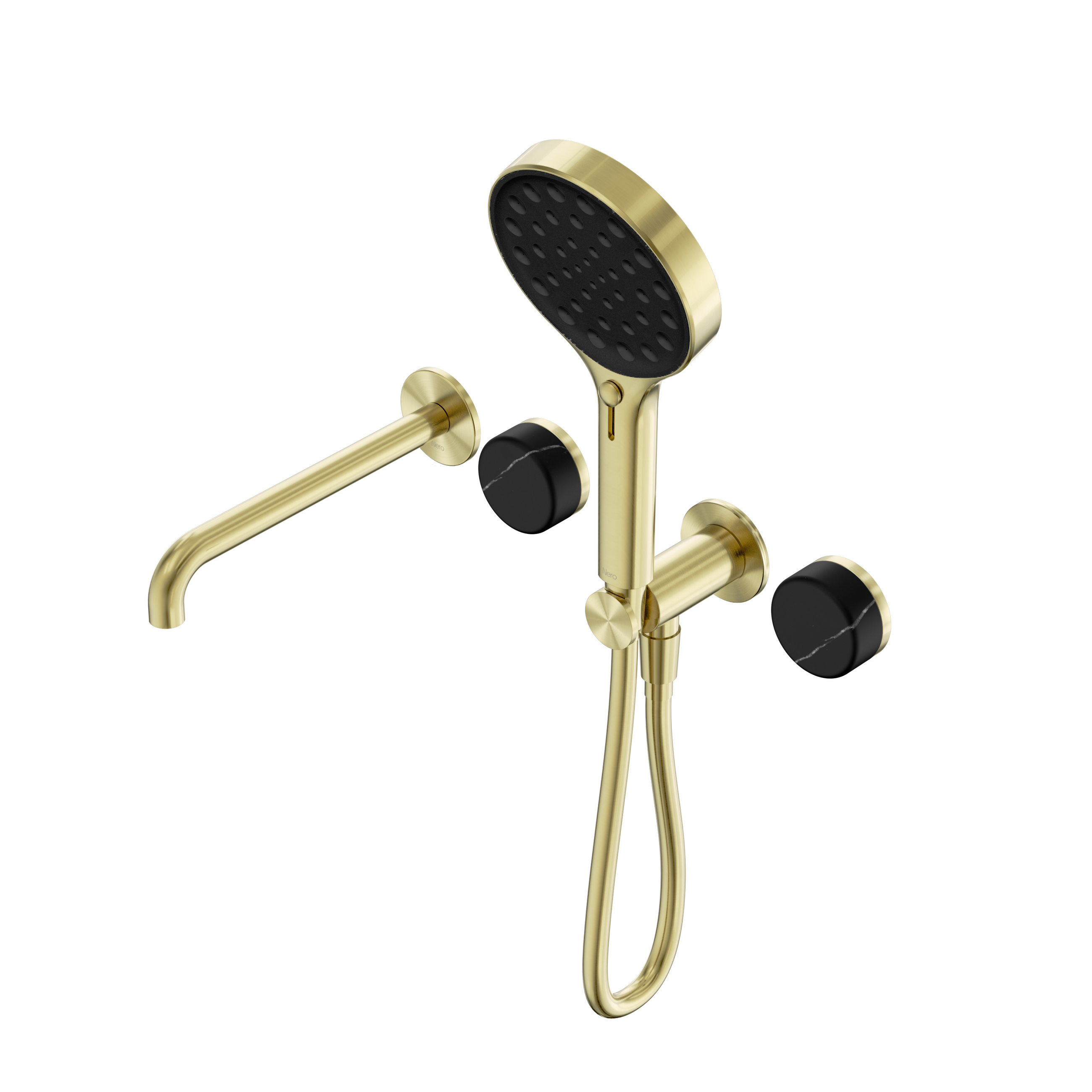 Serenity Progressive Shower System With Spout With Marquina Black Handle And Serenity Hand Shower Brushed Gold