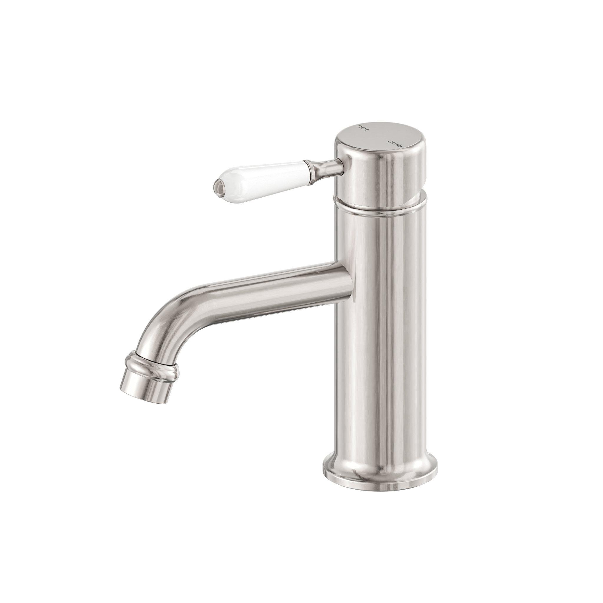 York Straight Basin Mixer With White Porcelain Lever Brushed Nickel