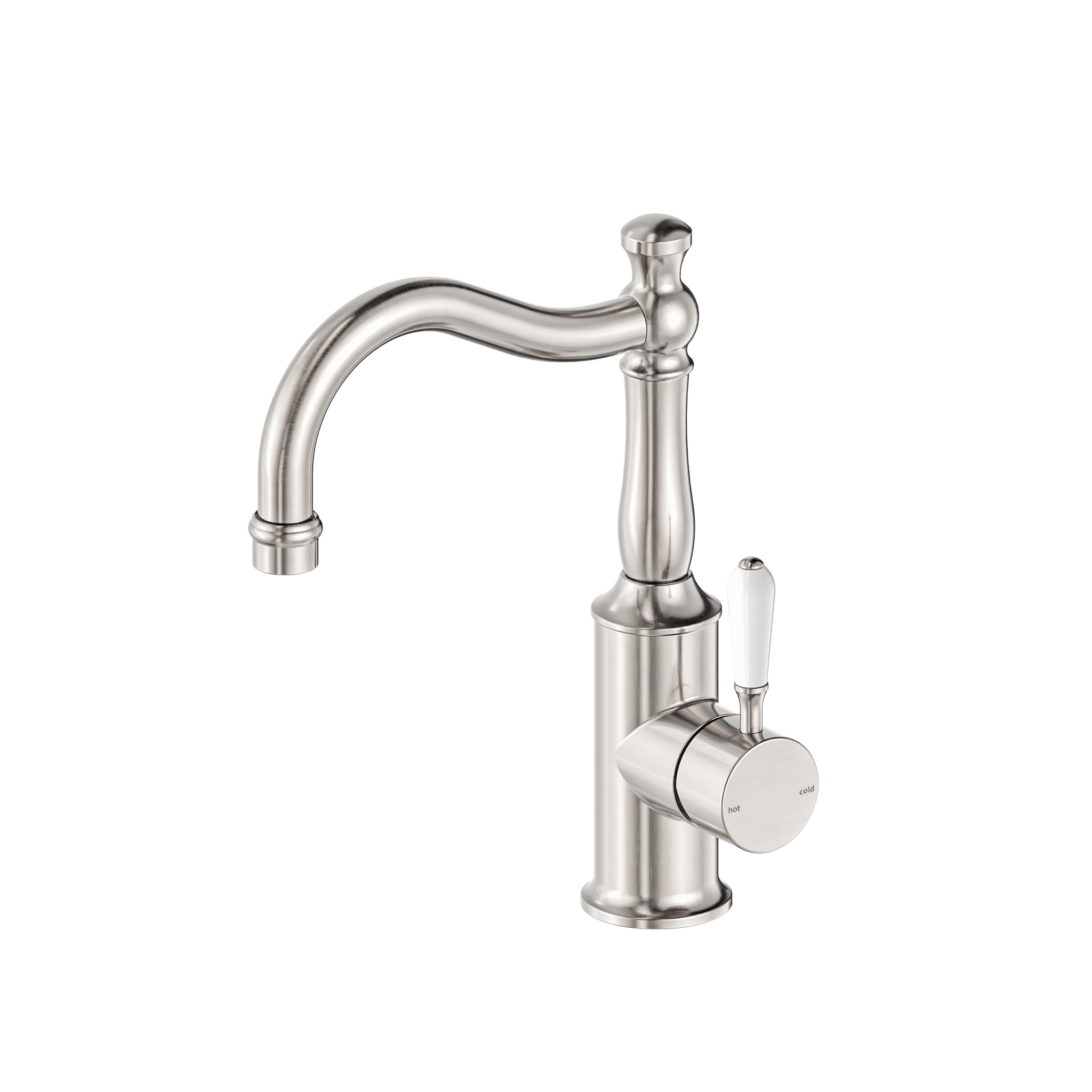 York Basin Mixer Hook Spout With White Porcelain Lever Brushed Nickel