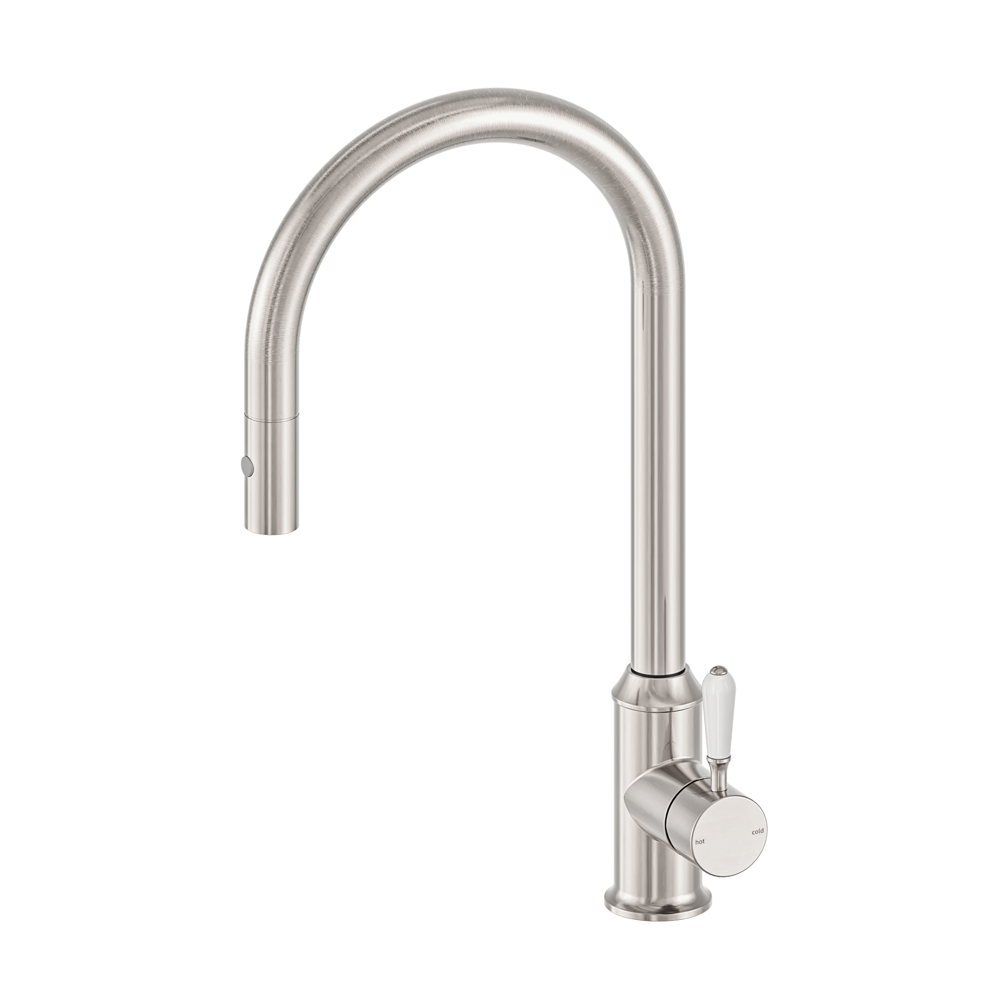 York Pull Out Sink Mixer With Vegie Spray Function With White Porcelain Lever Brushed Nickel