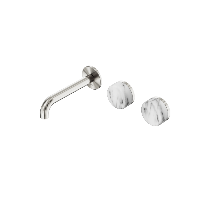 Serenity Wall Basin Set 160mm Offset Spout With Arabescato Corchia Handle Brushed Nickel