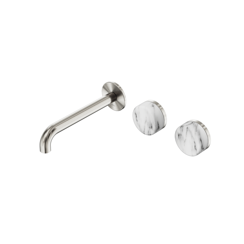 Serenity Wall Basin Set 185mm Offset Spout With Arabescato Corchia Handle Brushed Nickel