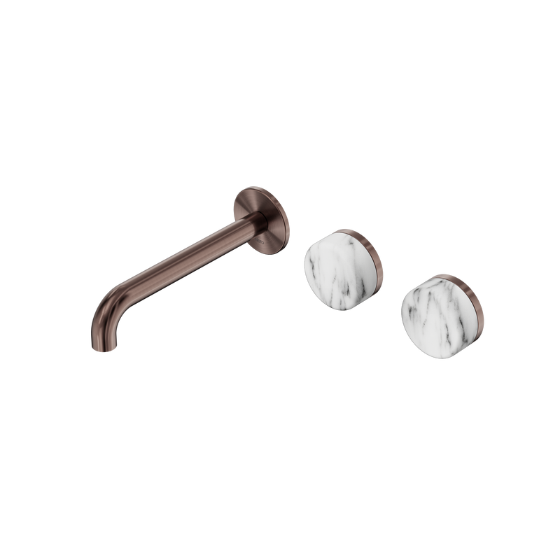 Serenity Wall Basin Set 185mm Offset Spout With Arabescato Corchia Handle Brushed Bronze