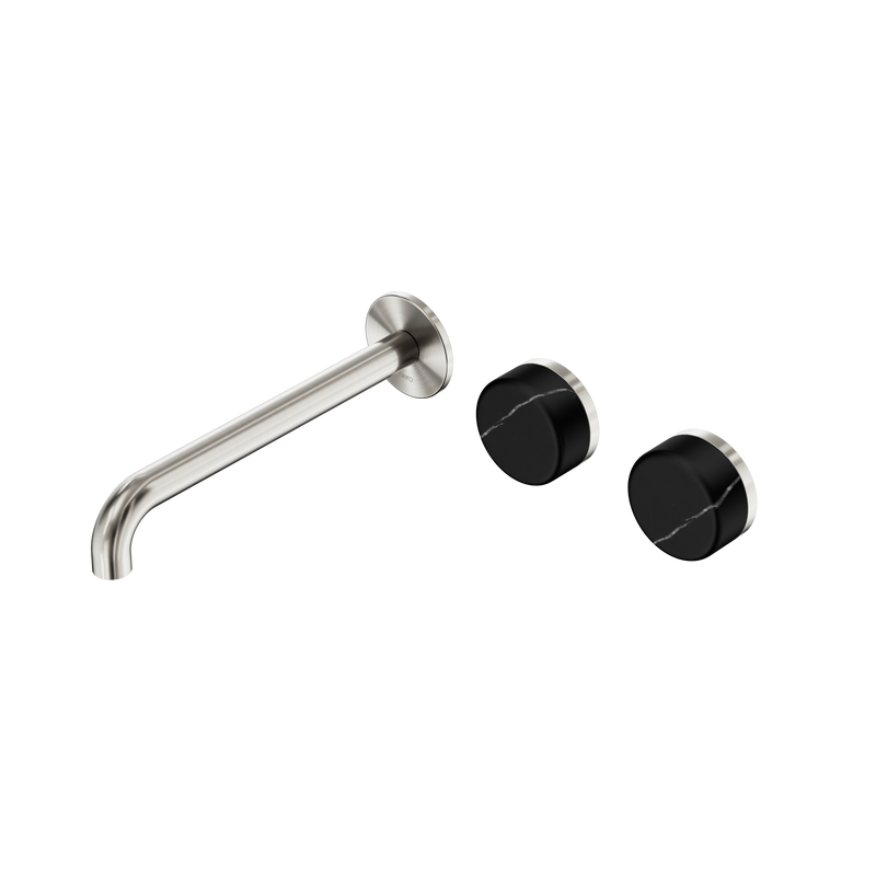 Serenity Wall Basin Set 220mm Offset Spout With Marquina Black Handle Brushed Nickel