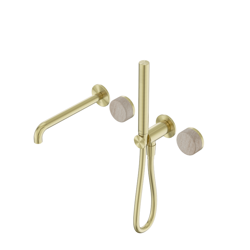 Serenity Progressive Shower System With Spout With Rome Travertine Handle And Slim Shower Brushed Gold