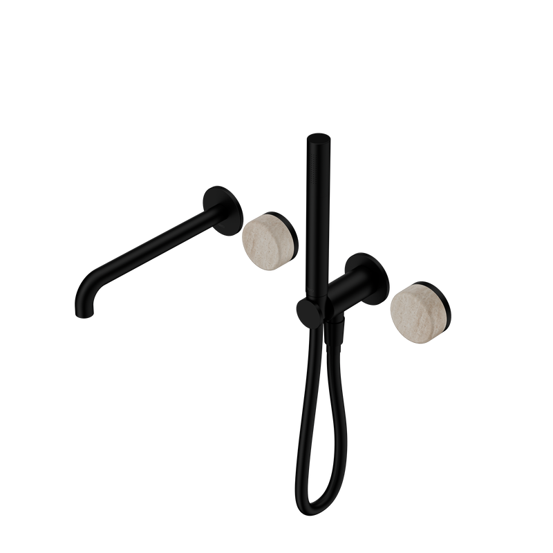 Serenity Progressive Shower System With Spout With Rome Travertine Handle And Slim Shower Matte Black