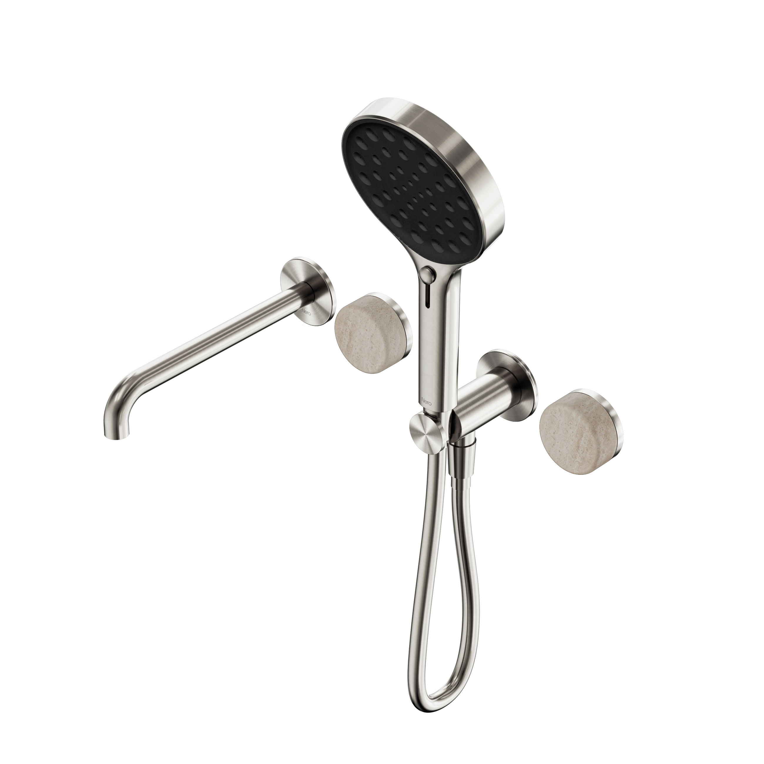 Serenity Progressive Shower System With Spout With Rome Travertine Handle And Serenity Hand Shower Brushed Nickel