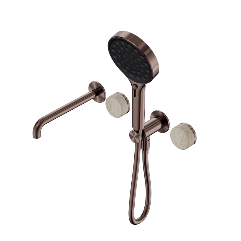 Serenity Progressive Shower System With Spout With Rome Travertine Handle And Serenity Hand Shower Brushed Bronze