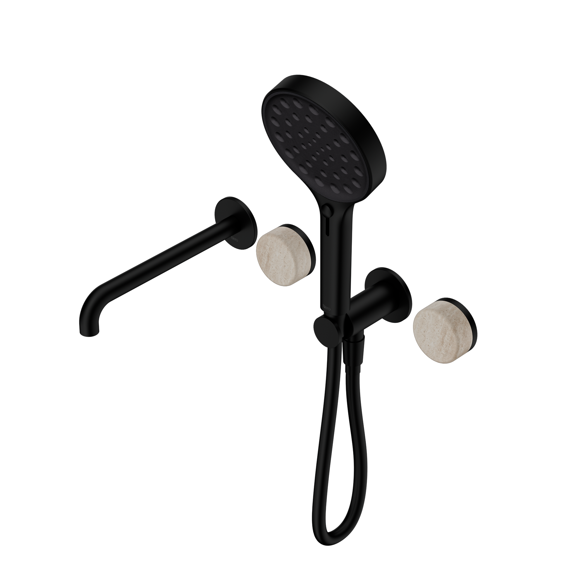 Serenity Progressive Shower System With Spout With Rome Travertine Handle And Serenity Hand Shower Matte Black