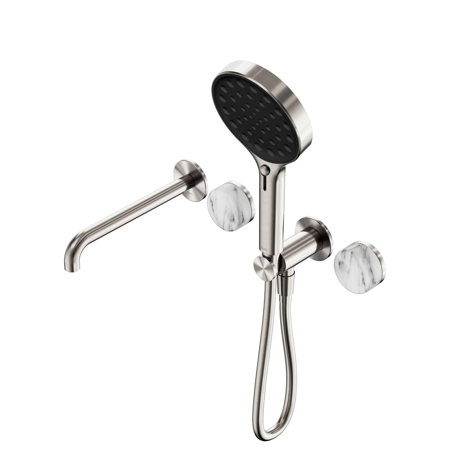 Serenity Progressive Shower System With Spout With Arabescato Corchia Handle And Serenity Hand Shower Brushed Nickel
