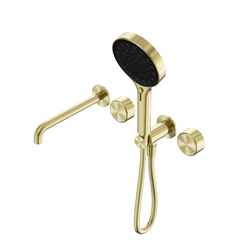 Serenity Progressive Shower System With Spout With Metal Handle And Serenity Hand Shower Brushed Gold