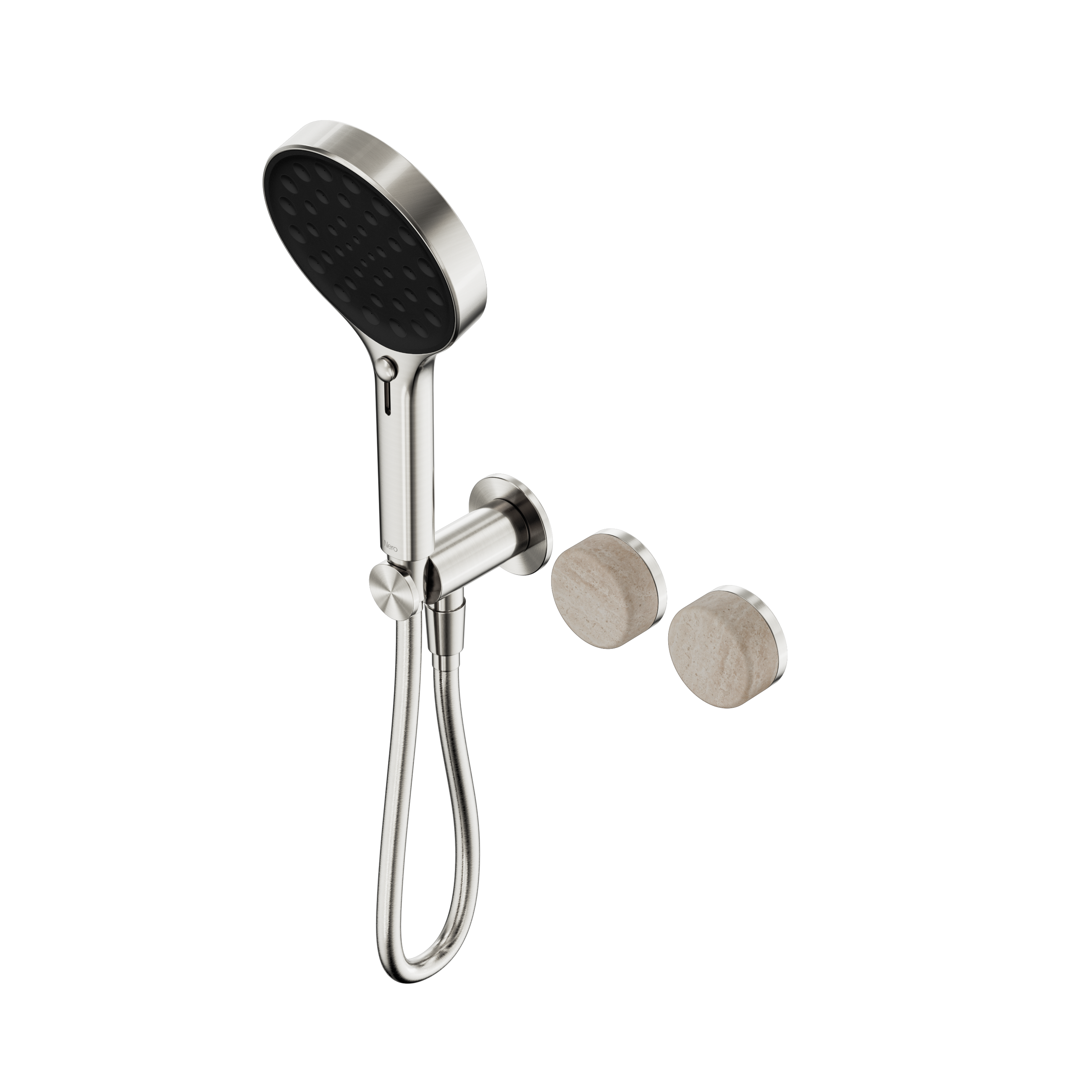 Serenity Progressive Shower System With Rome Travertine Handle And Serenity Hand Shower Brushed Nickel