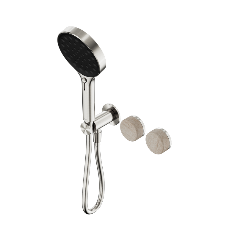 Serenity Progressive Shower System With Rome Travertine Handle And Serenity Hand Shower Brushed Nickel