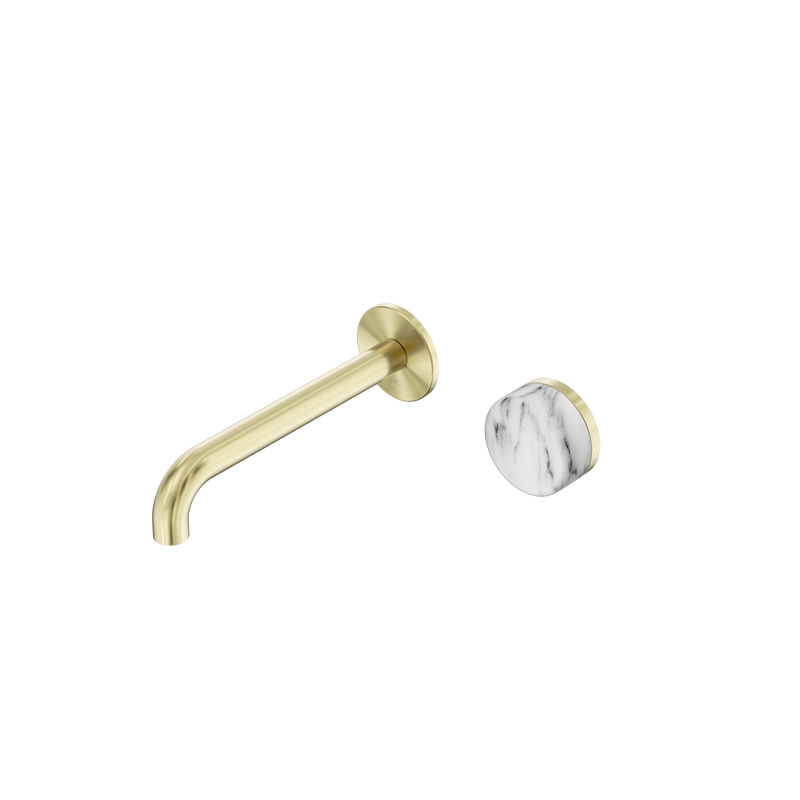 Serenity Progressive Wall Basin Mixer 185mm Spout With Arabescato Corchia Handle Brushed Gold