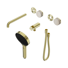 Serenity Progressive Shower System With Spout With Rome Travertine Handle And Serenity Hand Shower Trim Kit Only Brushed Gold