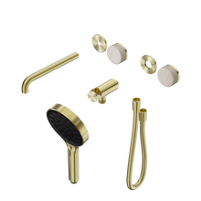 Serenity Progressive Shower System With Spout With Rome Travertine Handle And Serenity Hand Shower Trim Kit Only Brushed Gold