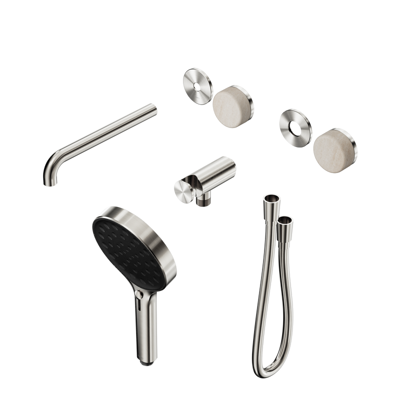 Serenity Progressive Shower System With Spout With Rome Travertine Handle And Serenity Hand Shower Trim Kit Only Brushed Nickel