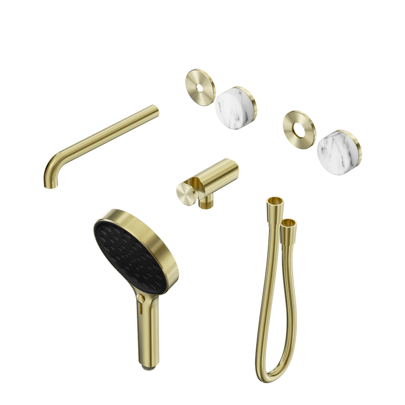 Serenity Progressive Shower System With Spout With Arabescato Corchia Handle And Serenity Hand Shower Trim Kit Only Brushed Gold