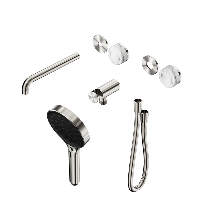 Serenity Progressive Shower System With Spout With Arabescato Corchia Handle And Serenity Hand Shower Trim Kit Only Brushed Nickel