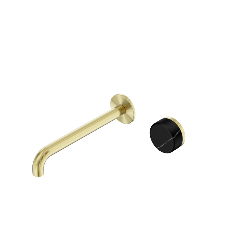 Serenity Progressive Wall Basin Mixer 220mm Spout With Marquina Black Handle Brushed Gold