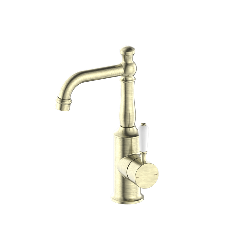York Basin Mixer With White Porcelain Lever Aged Brass