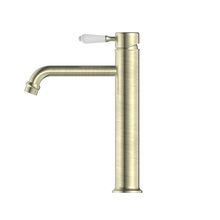York Straight Tall Basin Mixer With White Porcelain Lever Aged Brass