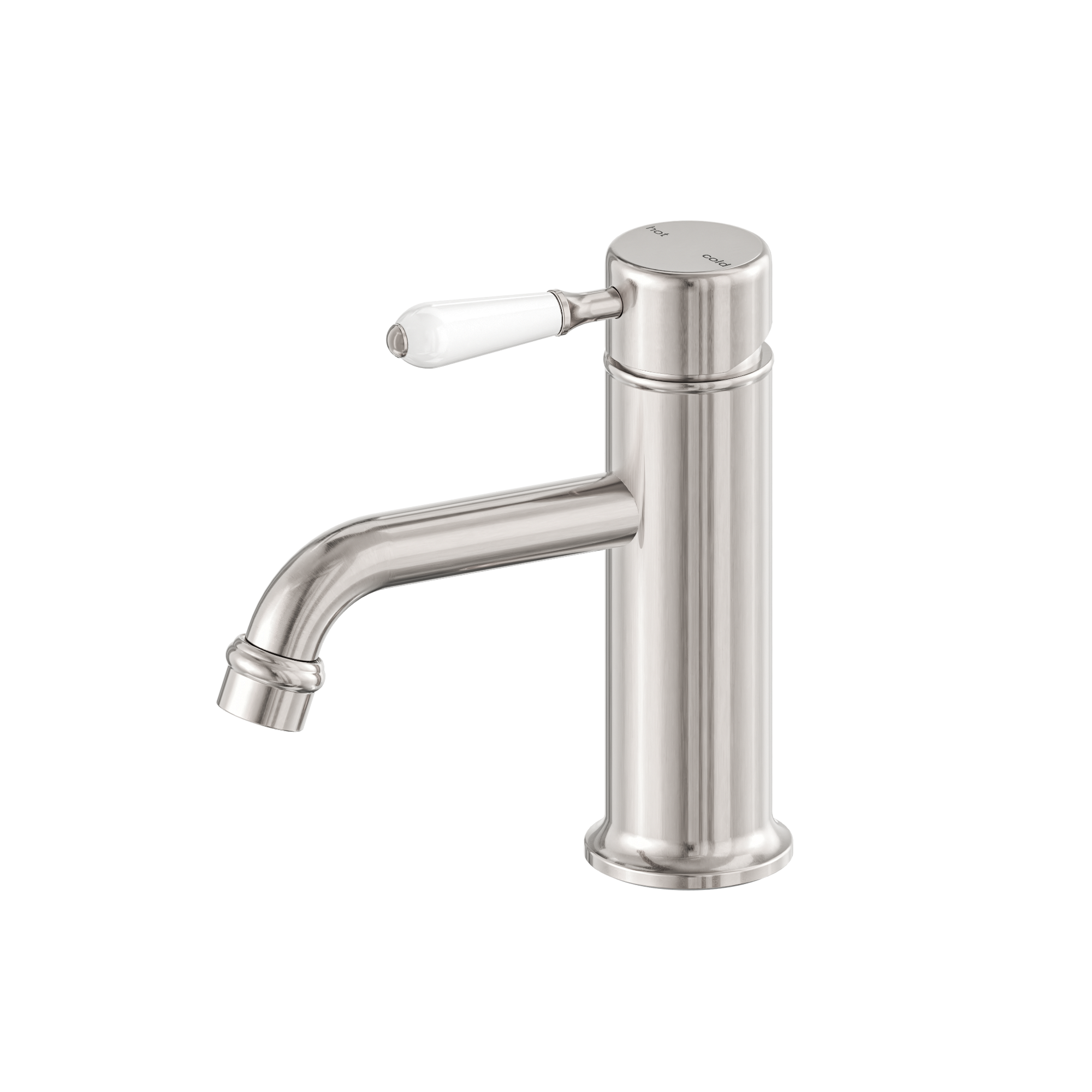 York Straight Basin Mixer With White Porcelain Lever Brushed Nickel