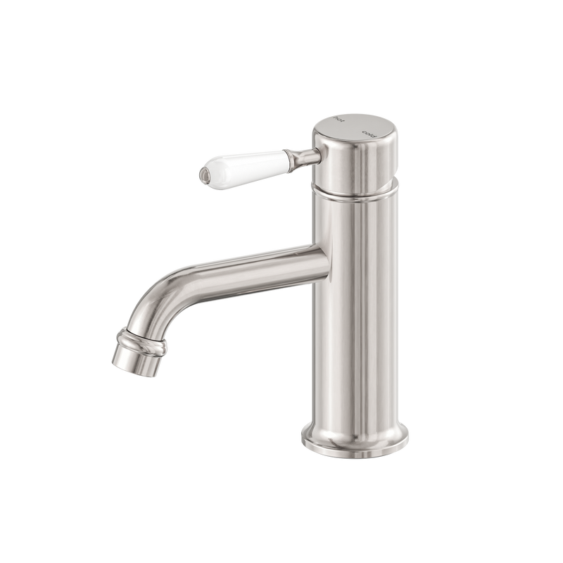 York Straight Basin Mixer With White Porcelain Lever Brushed Nickel