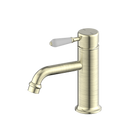 York Straight Basin Mixer With White Porcelain Lever Aged Brass