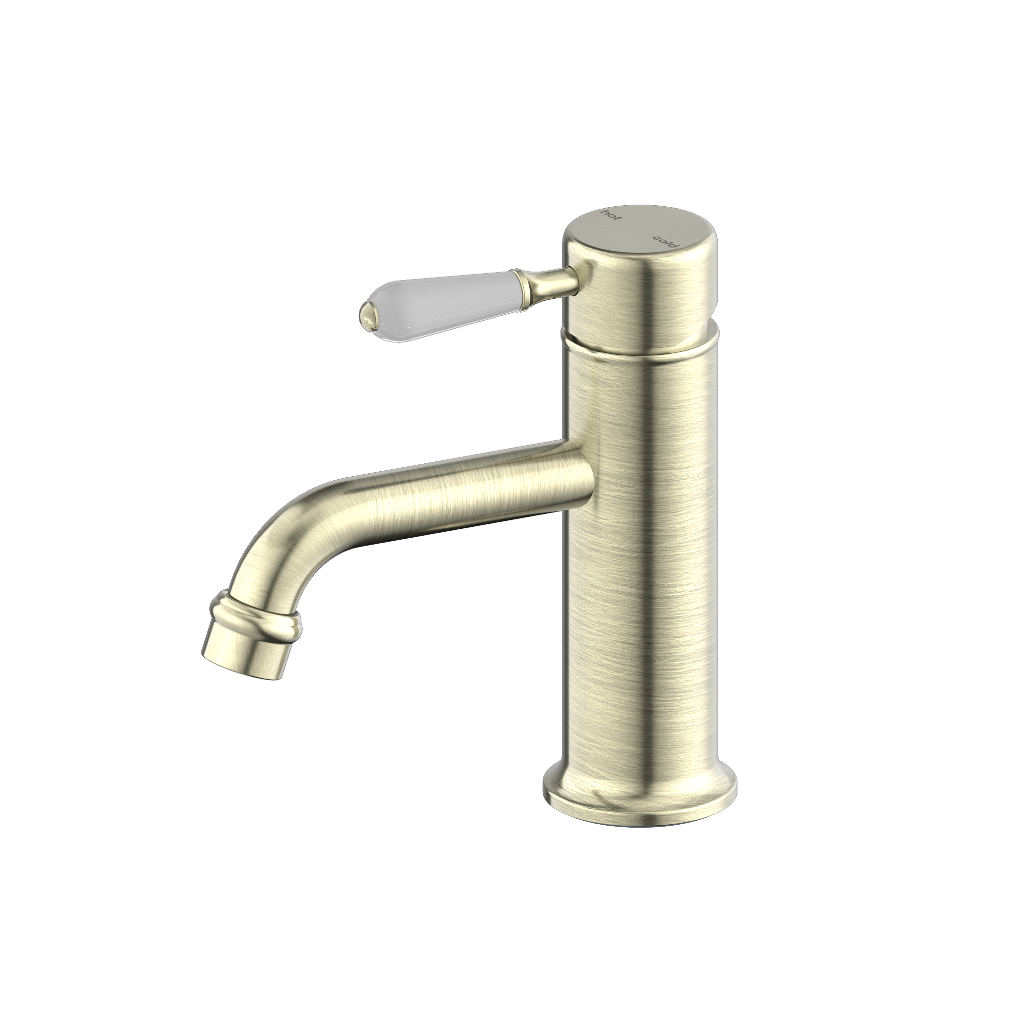 York Straight Basin Mixer With White Porcelain Lever Aged Brass