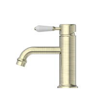 York Straight Basin Mixer With White Porcelain Lever Aged Brass