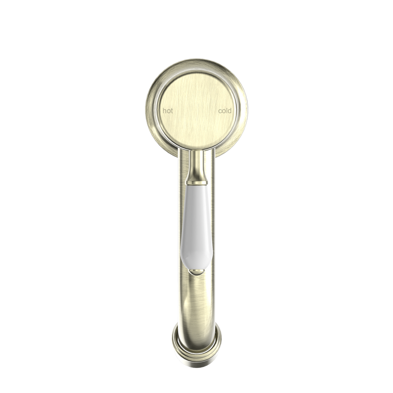 York Straight Basin Mixer With White Porcelain Lever Aged Brass