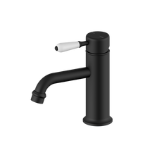York Straight Basin Mixer With White Porcelain Lever Matte Black