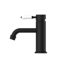 York Straight Basin Mixer With White Porcelain Lever Matte Black