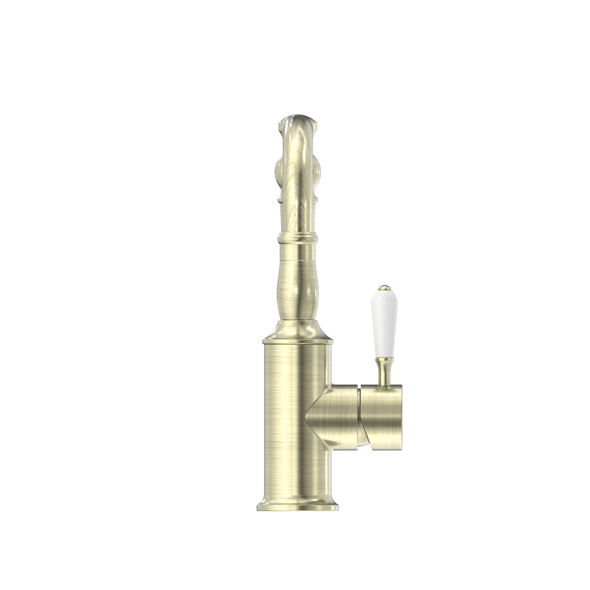 York Basin Mixer Hook Spout With White Porcelain Lever Aged Brass