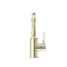 York Basin Mixer Hook Spout With White Porcelain Lever Aged Brass