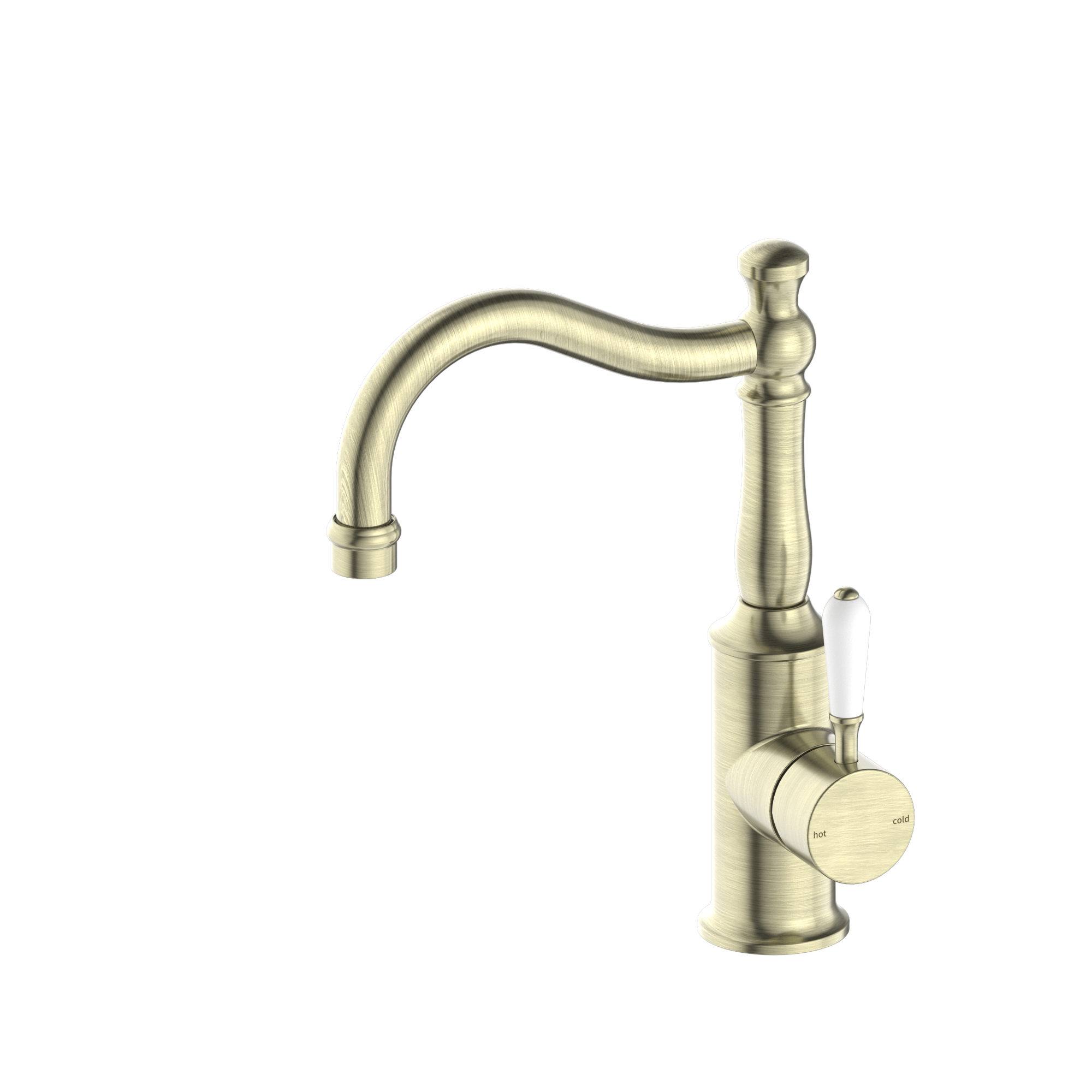 York Basin Mixer Hook Spout With White Porcelain Lever Aged Brass