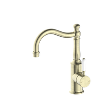 York Basin Mixer Hook Spout With White Porcelain Lever Aged Brass