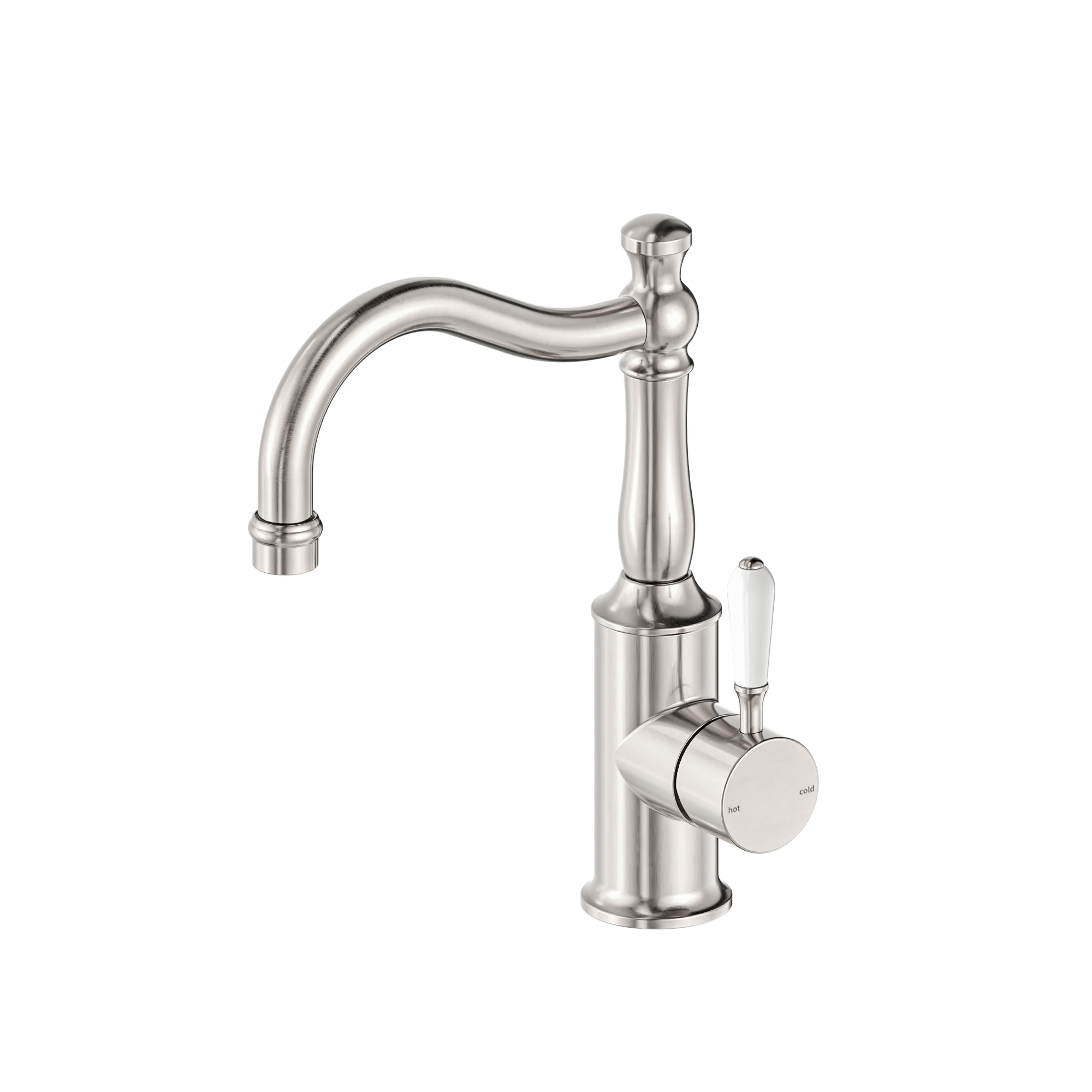 York Basin Mixer Hook Spout With White Porcelain Lever Brushed Nickel