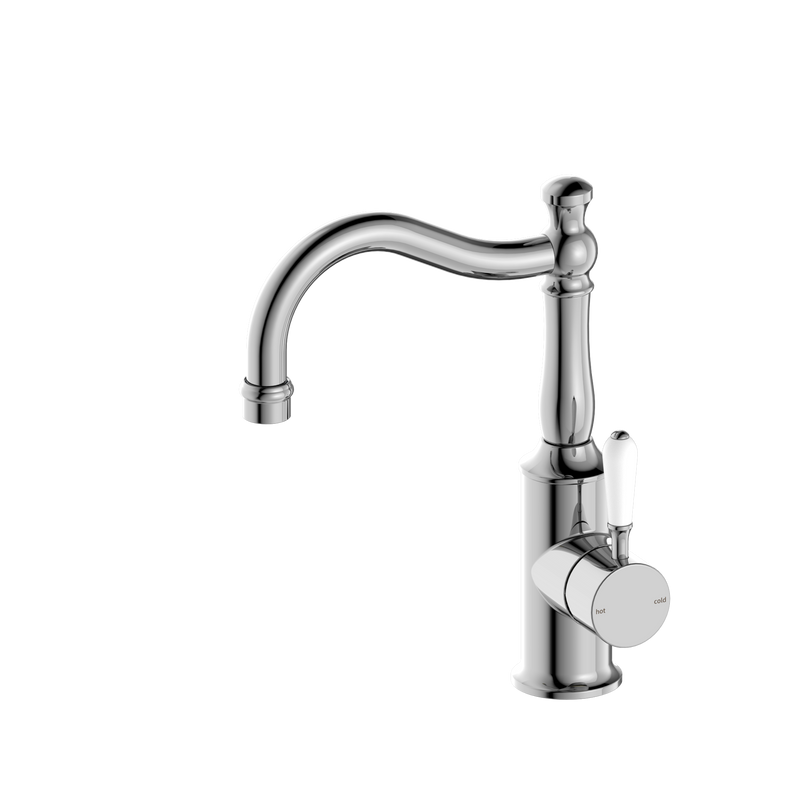 York Basin Mixer Hook Spout With White Porcelain Lever Chrome