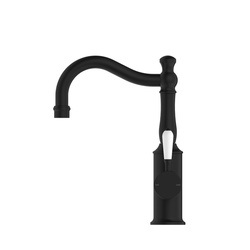 York Basin Mixer Hook Spout With White Porcelain Lever Matte Black