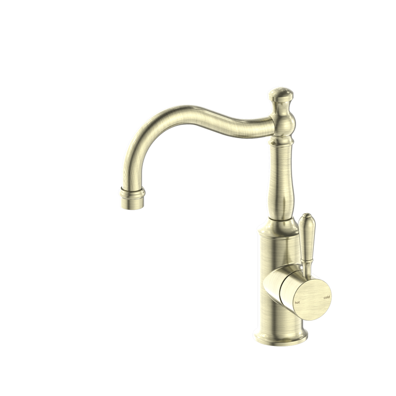 York Basin Mixer Hook Spout With Metal Lever Aged Brass