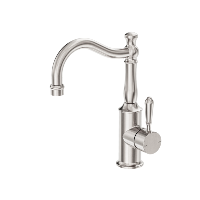 York Basin Mixer Hook Spout With Metal Lever Brushed Nickel