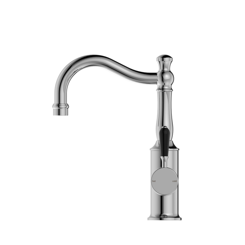 York Basin Mixer Hook Spout With Black Porcelain Lever Chrome