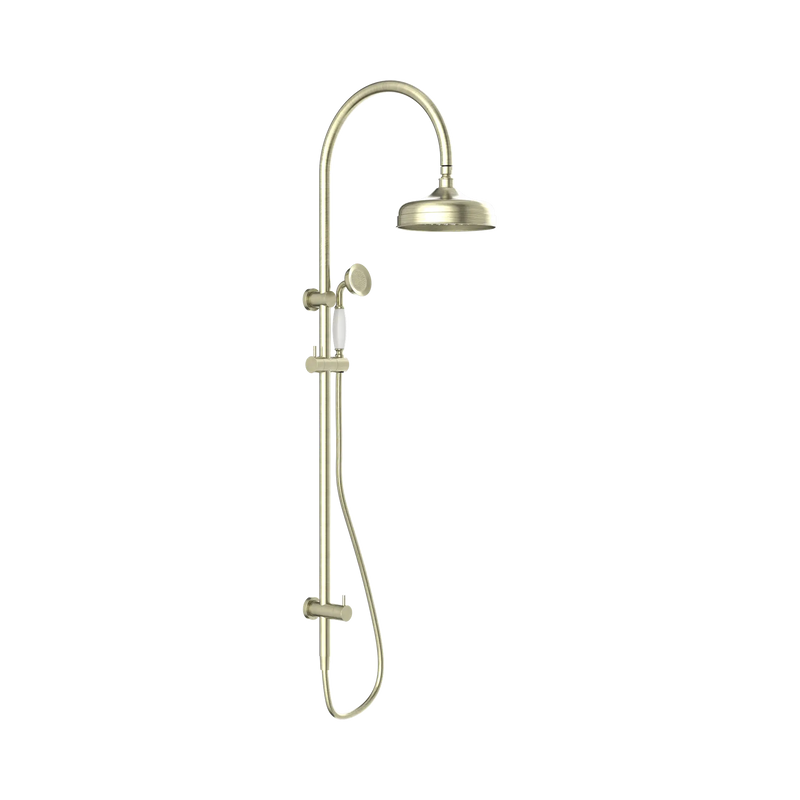 York Twin Shower With White Porcelain Hand Shower Aged Brass