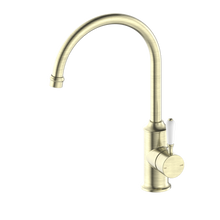 York Kitchen Mixer Gooseneck Spout With White Porcelain Lever Aged Brass