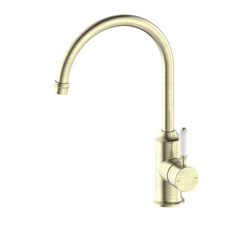 York Kitchen Mixer Gooseneck Spout With White Porcelain Lever Aged Brass