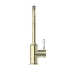 York Kitchen Mixer Gooseneck Spout With White Porcelain Lever Aged Brass